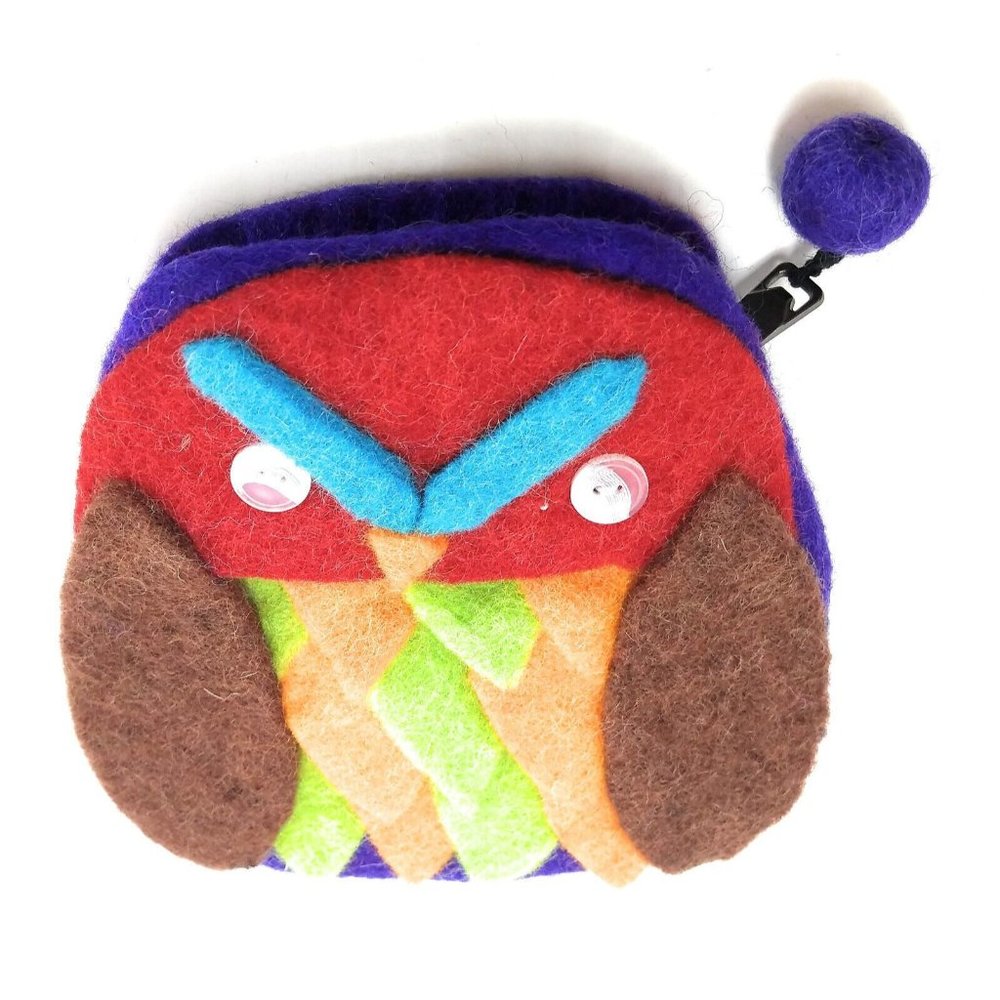 Handmade Wool Felt Coin Purse + Colorful Applique  + Zipper Close Made in Nepal